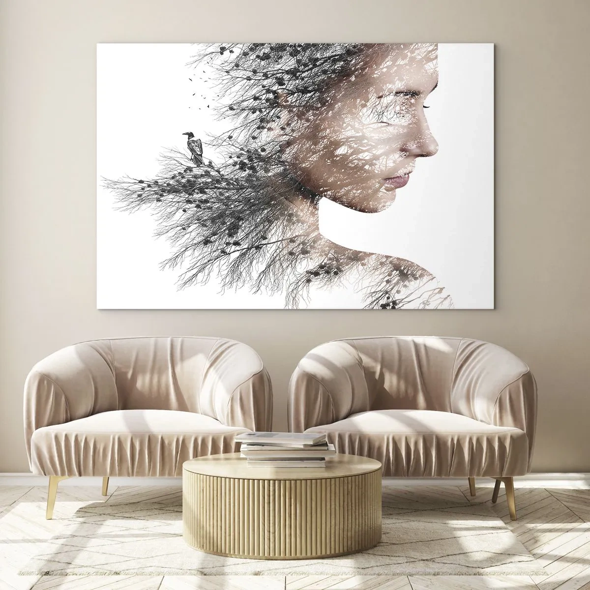 Glastavla - Bild på glas - Porträtt av en kvinna med grenar i bakgrunden - 70x50cm - Skogens ande - Modern väggdekoration för vardagsrum och sovrum ARTTOR