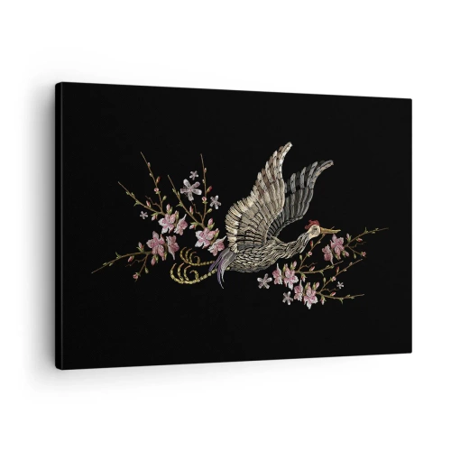 Canvastavla - Bild på duk - En fågel i flykt med blommor mot svart bakgrund - 70x50cm - Exotisk, broderad fågel - Modern väggdekoration för vardagsrum och sovrum ARTTOR
