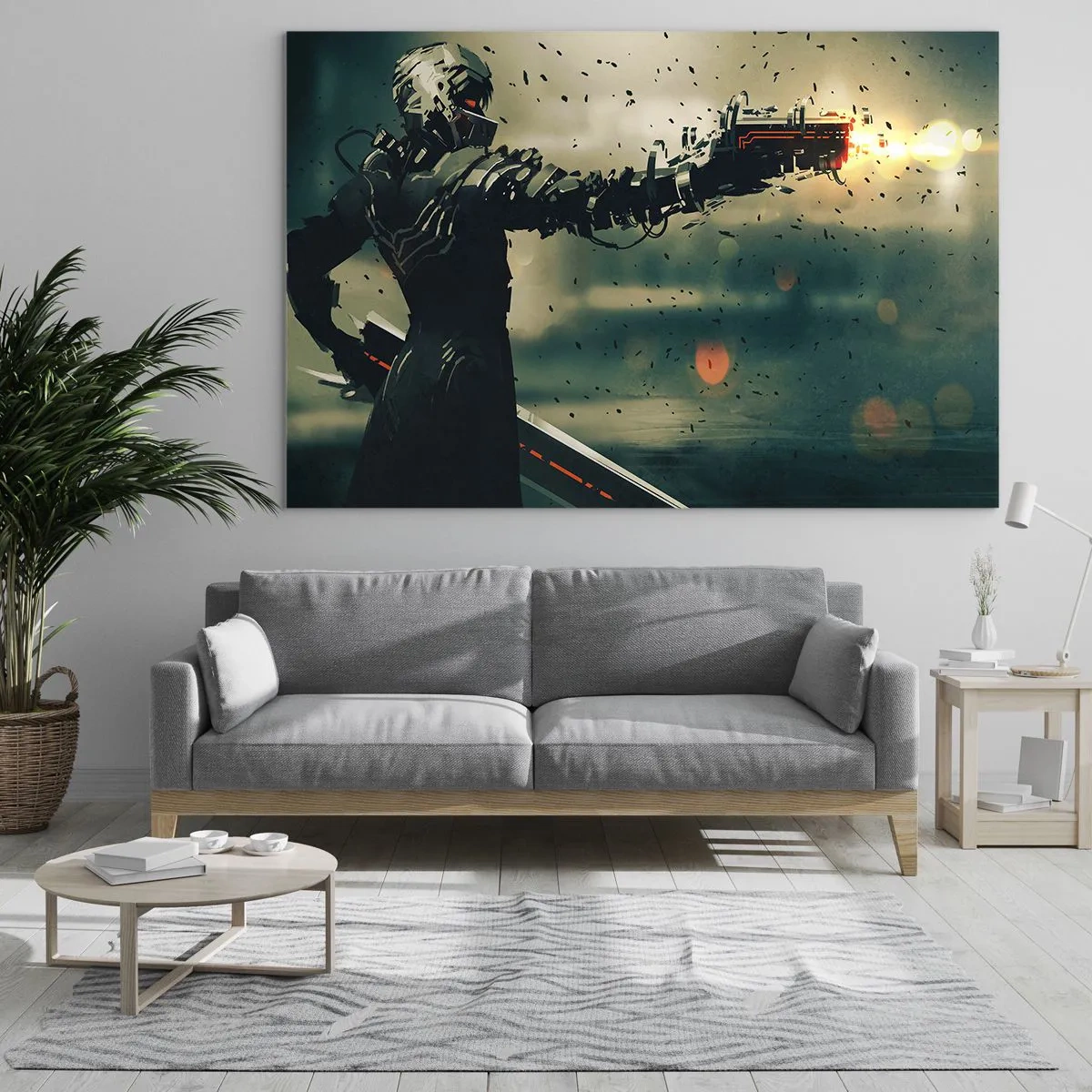 Glastavla - Bild på glas - En cyberkrigare i futuristisk stil med energivapen - 70x50cm - Dödlig vapen - din egen Terminator - Modern väggdekoration för vardagsrum och sovrum ARTTOR