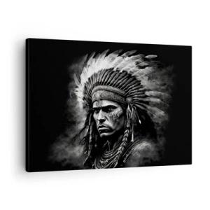 Canvastavla - Bild på duk - Porträtt av en hövding i befjädrad huvudbonad mot svart bakgrund - 70x50cm - Hövding och krigare - Modern väggdekoration för vardagsrum och sovrum ARTTOR
