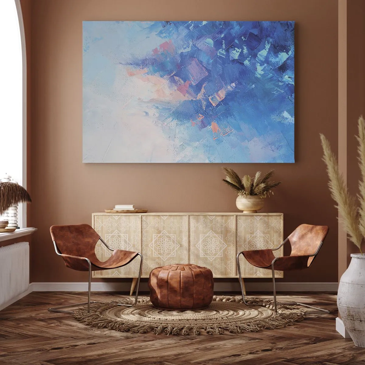 Canvastavla - Bild på duk - Abstrakt komposition i nyanser av blått och rosa - 70x50cm - Vinterabstraktion - Modern väggdekoration för vardagsrum och sovrum ARTTOR