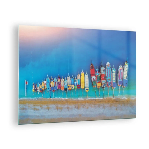 Glastavla - Bild på glas - Färgglada båtar på stranden av det turkosa havet - 70x50cm - Ur fågelperspektivet - Modern väggdekoration för vardagsrum och sovrum ARTTOR