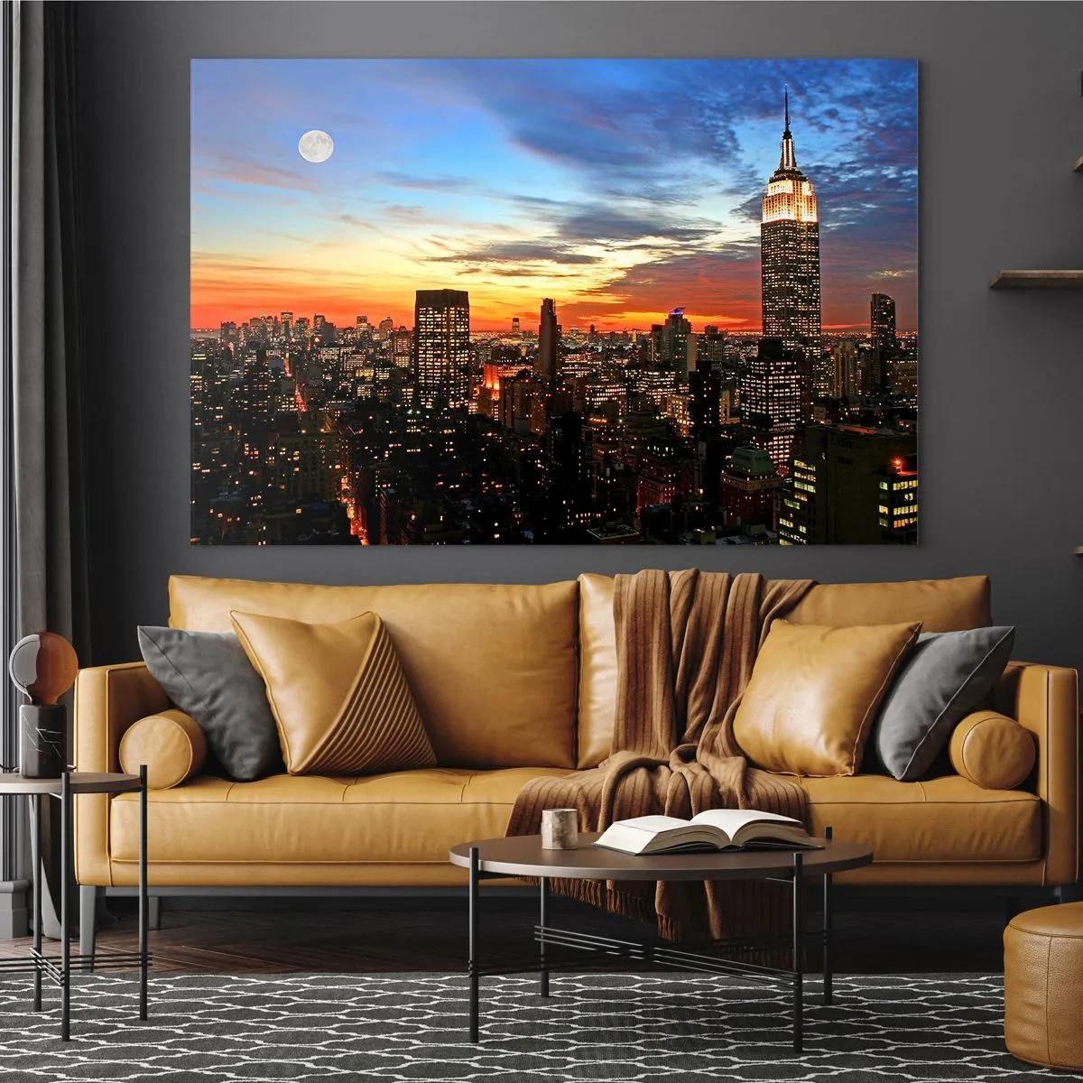 Glastavla - Bild på glas - Nattpanorama över staden med upplysta byggnader - 70x50cm - Amerikansk ljus natt - Modern väggdekoration för vardagsrum och sovrum ARTTOR