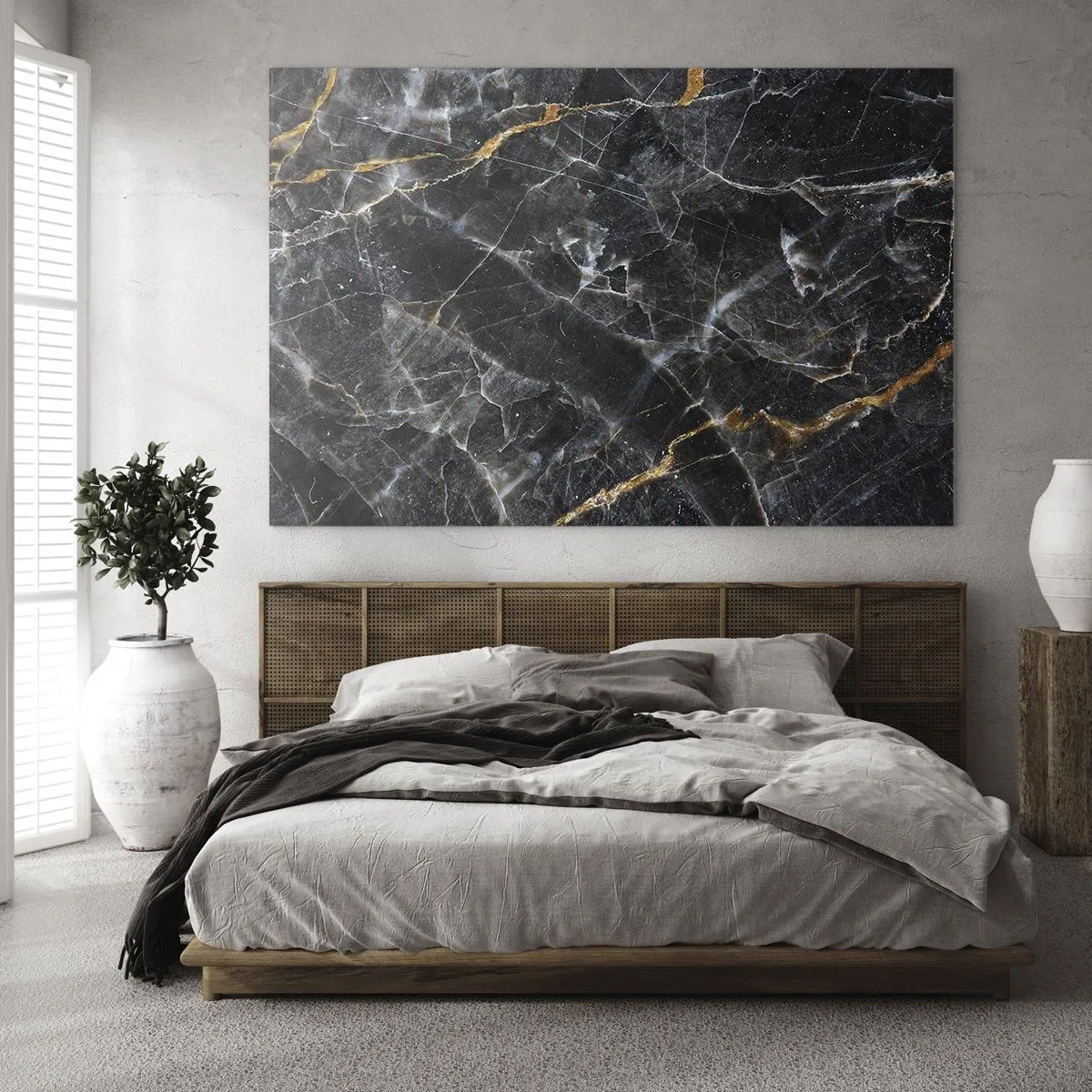 Glastavla - Bild på glas - Svart och guld marmormönster med vita ådror - 70x50cm - Stenens interna liv - Modern väggdekoration för vardagsrum och sovrum ARTTOR