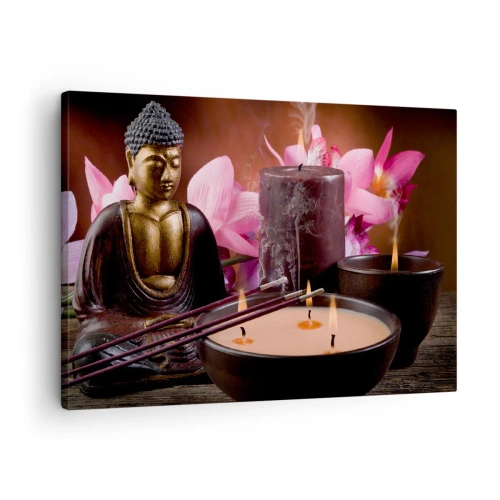 Canvastavla - Bild på duk - Buddhafigur med tända ljus och rökelsepinnar - 70x50cm - Rensa hjärnan, lugna ner kroppen - Modern väggdekoration för vardagsrum och sovrum ARTTOR