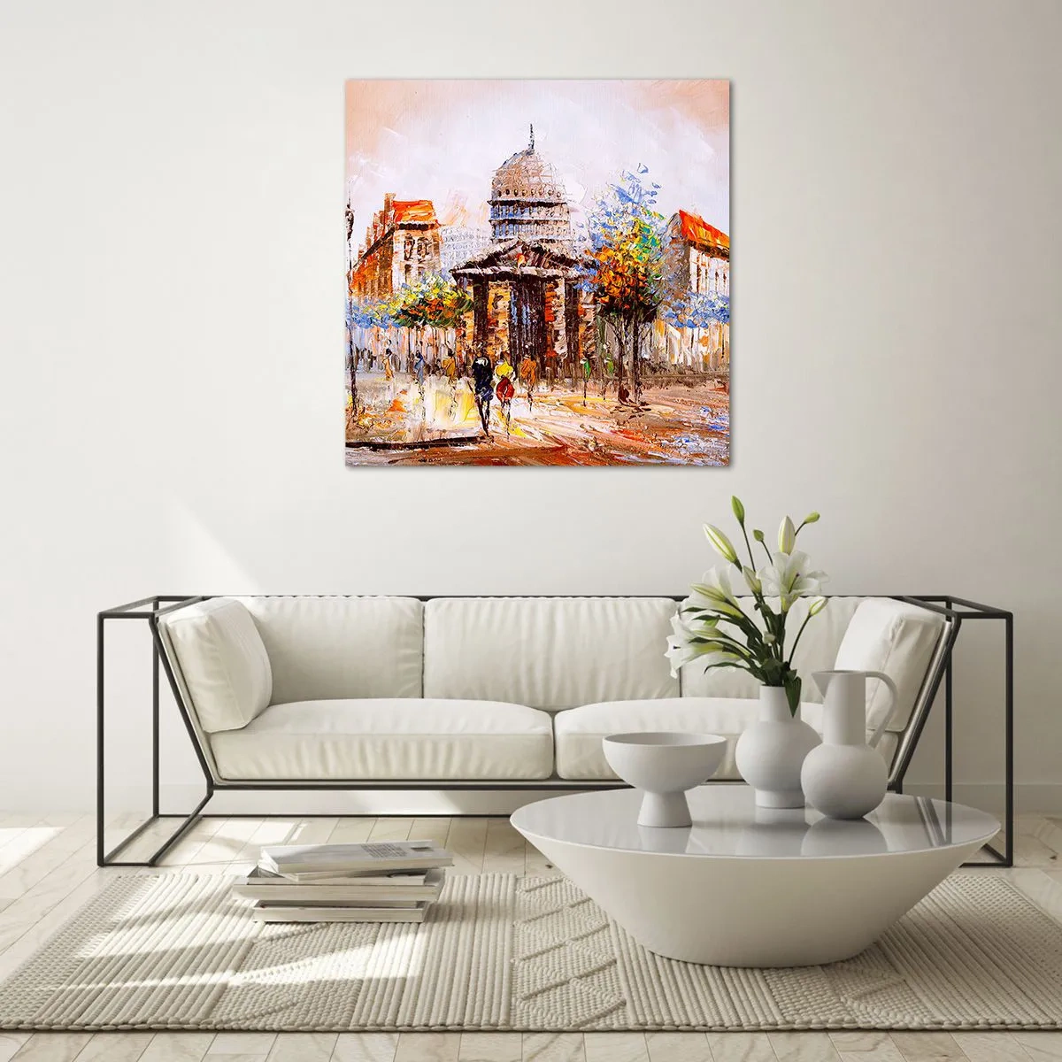 Glastavla - Bild på glas - Promenad i Paris - 60x60 cm