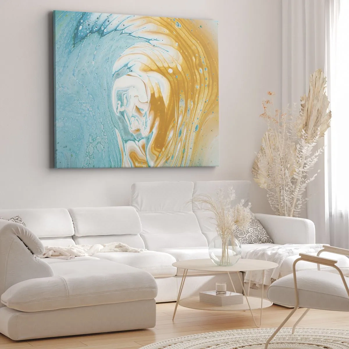 Canvastavla - Bild på duk - Abstrakta vågor i nyanser av blått och guld på duk - 70x50cm - Pastellfärgad virvel - Modern väggdekoration för vardagsrum och sovrum ARTTOR