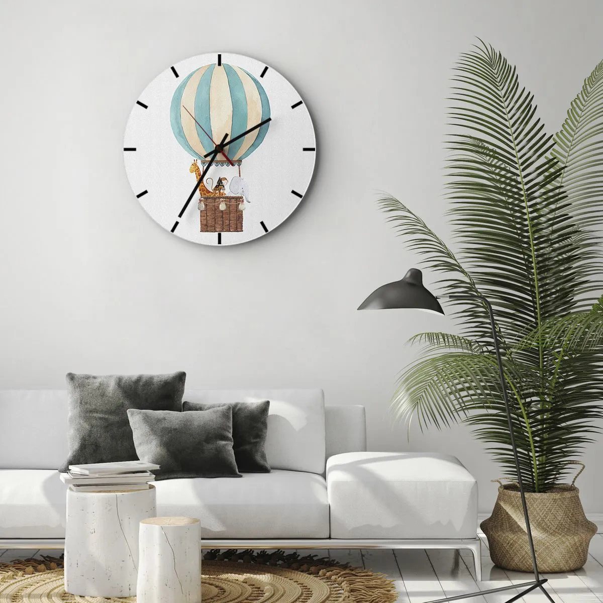 Väggklocka - Klocka på glas - En ballong med en giraff och en elefant som svävar i molnen - 30x30cm - Fantastisk resa - Modern väggdekoration för vardagsrum, kök och sovrum ARTTOR