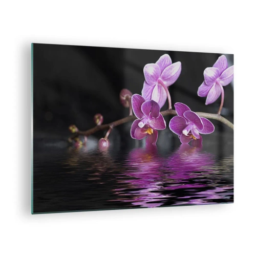 Glastavla - Bild på glas - Lila orkidéer reflekterade i vattnet - 70x50cm - Lila skönhet - Modern väggdekoration för vardagsrum och sovrum ARTTOR