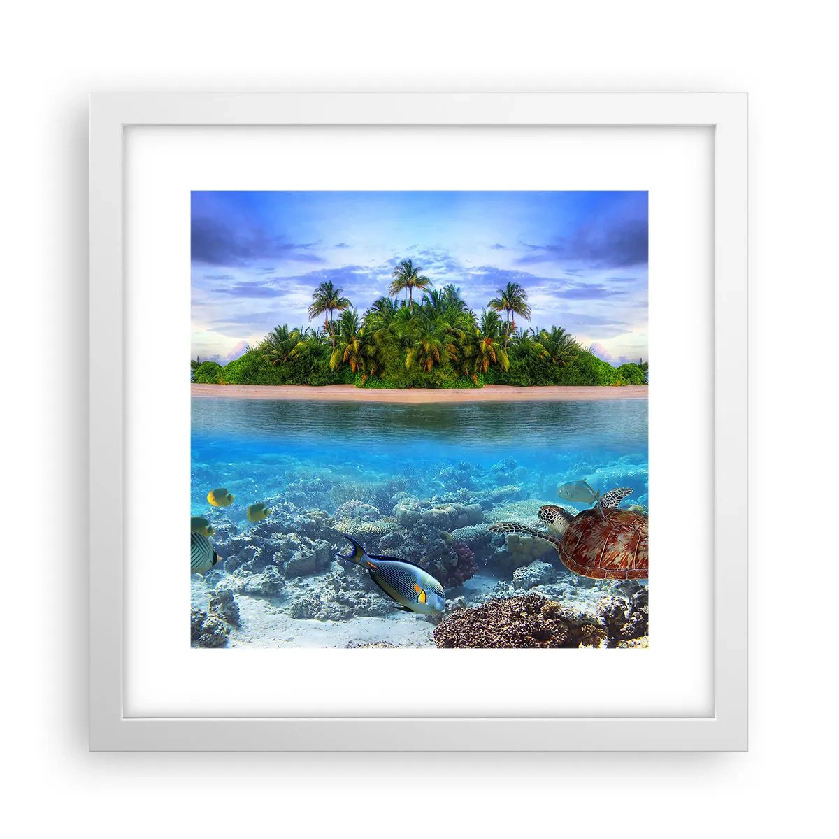 Affisch i vit ram - Himmelska ön hälsar välkommen - 30x30 cm