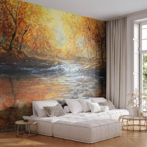 Fototapet Premium Sand - Gyllene bäck - Landskap, Bergsbäck, Skog - 100x70 cm