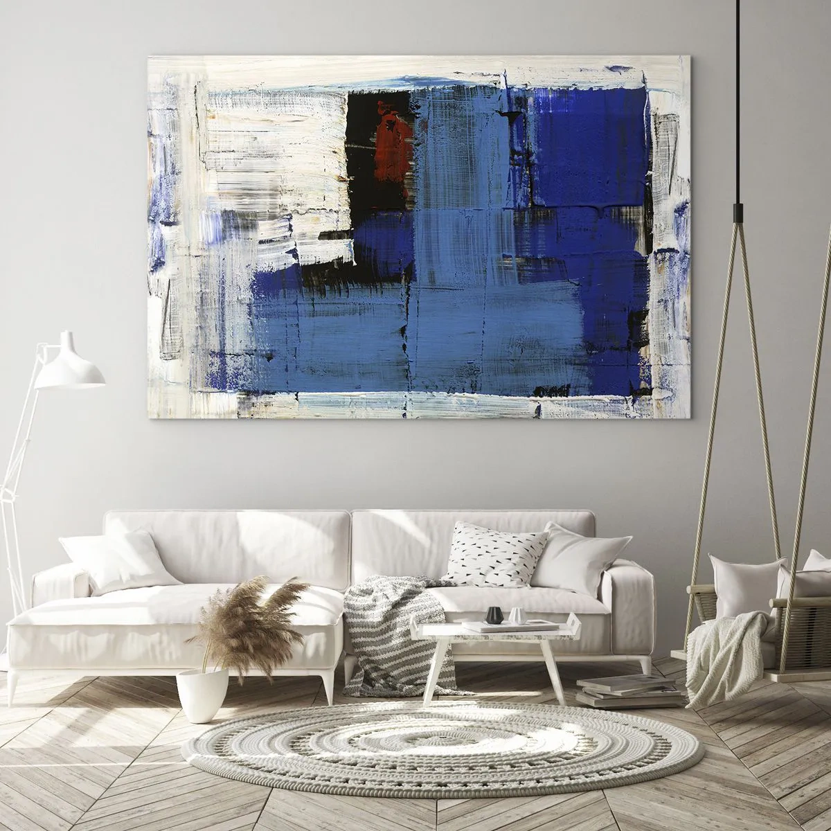 Glastavla - Bild på glas - En abstrakt komposition med en dominerande blå färg. - 70x50cm - Det blåas hemlighet - Modern väggdekoration för vardagsrum och sovrum ARTTOR