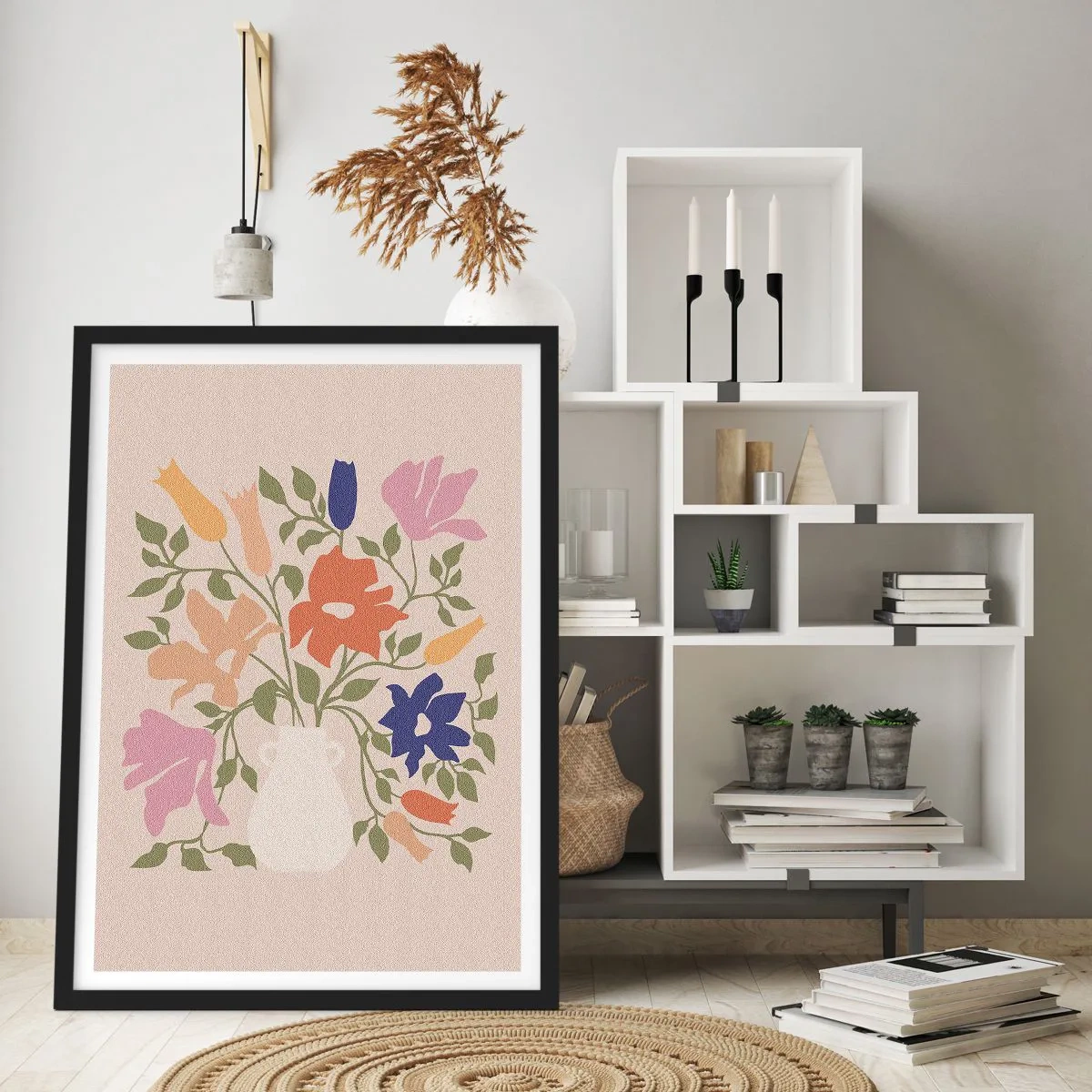 Affisch i svart ram - En färgglad blombukett i en ljus vas på en beige bakgrund - 50x70cm - En delikat bukett - Modern väggdekoration för vardagsrum och sovrum ARTTOR