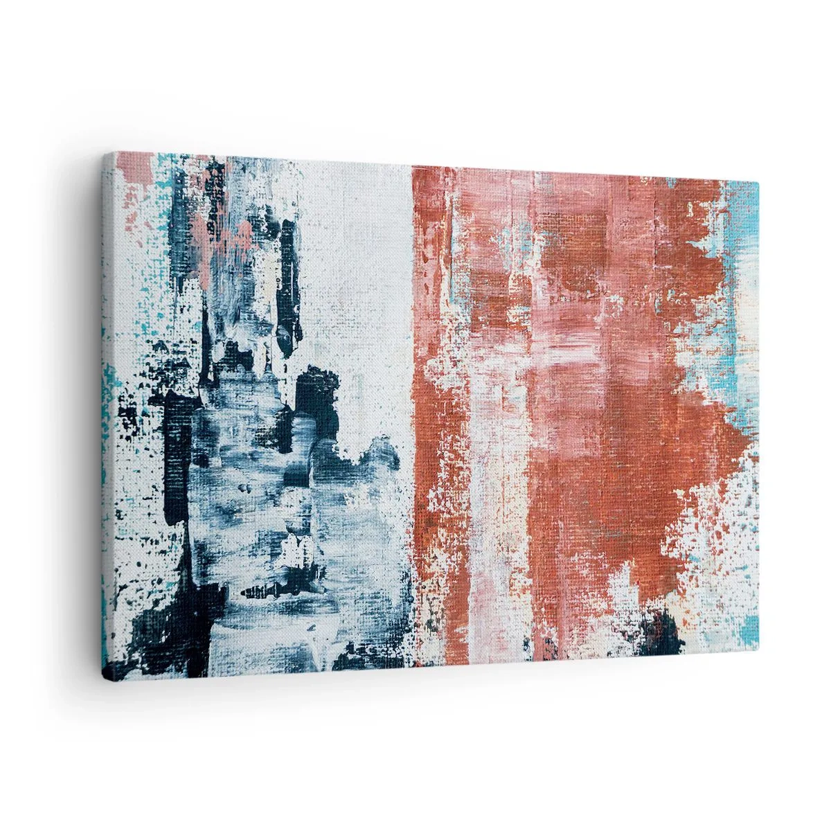 Canvastavla - Bild på duk - Abstraktion i vitt, blått och tegelfärger - 70x50cm - Abstrakt halvt om halvt - Modern väggdekoration för vardagsrum och sovrum ARTTOR