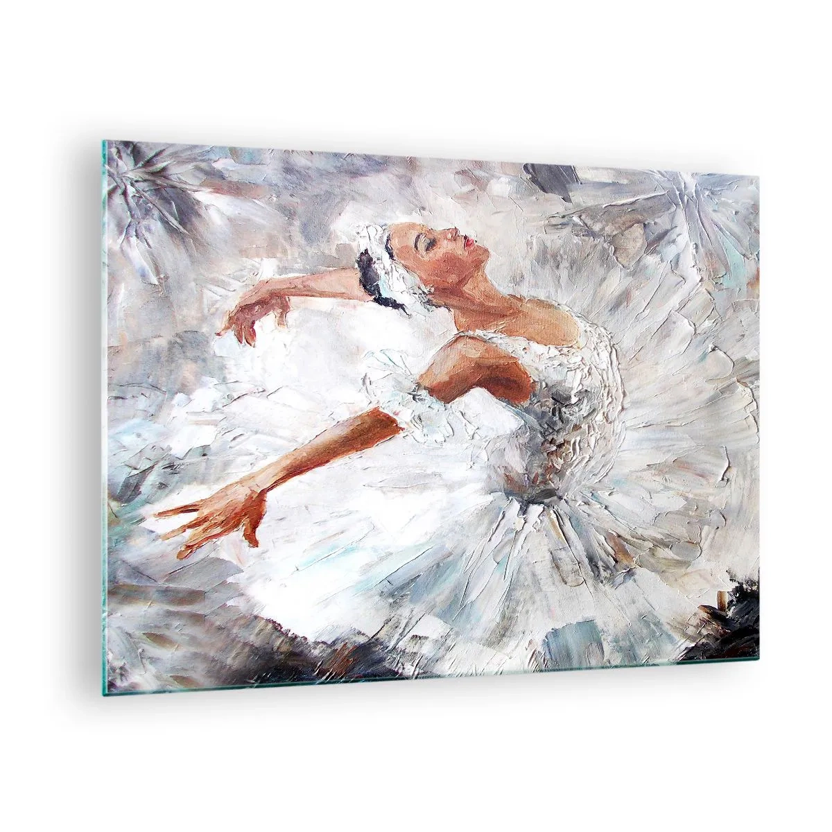 Glastavla - Bild på glas - En ballerina i en vit outfit i en dynamisk pose - 70x50cm - Fin och lätt som tyll - Modern väggdekoration för vardagsrum och sovrum ARTTOR