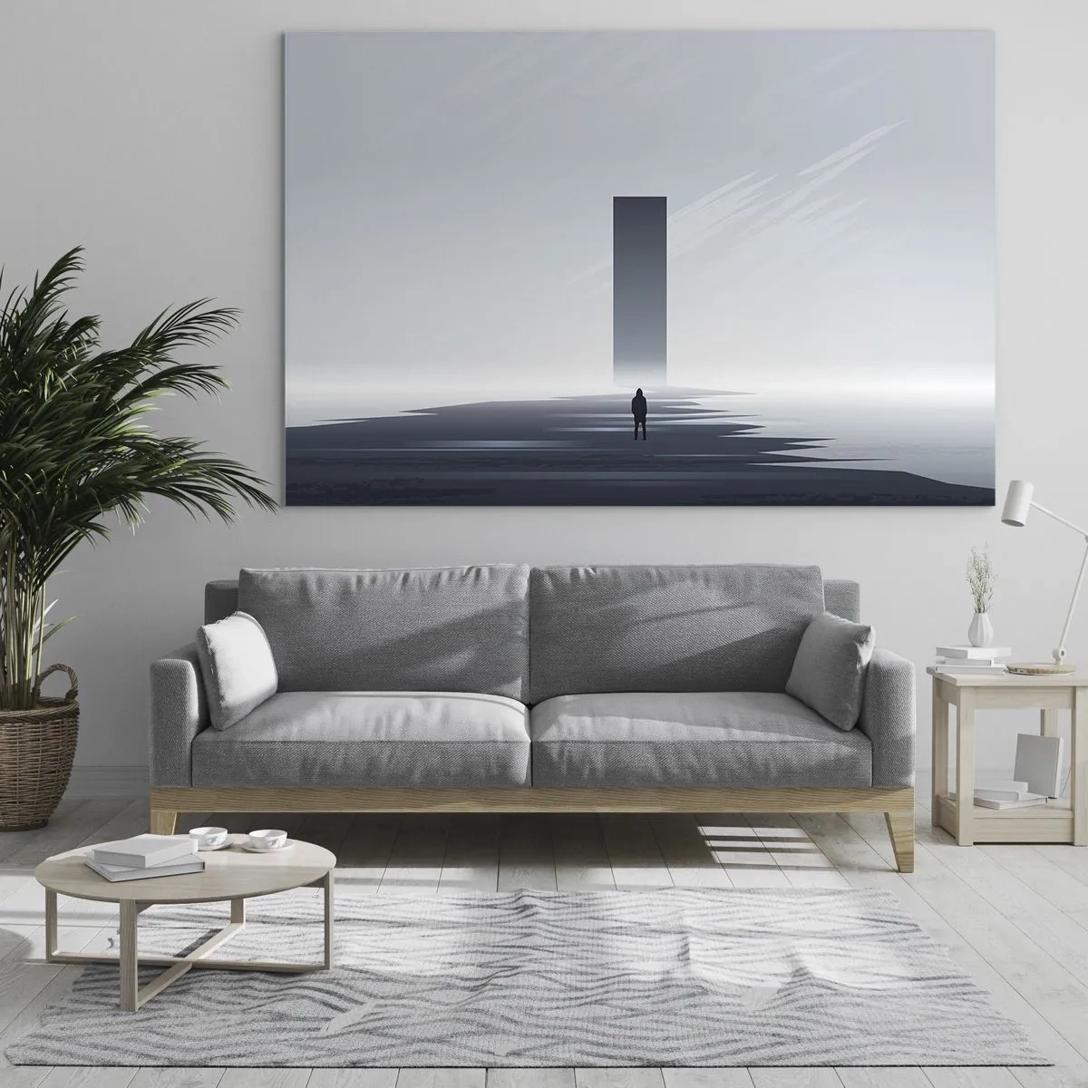 Glastavla - Bild på glas - Ett minimalistiskt landskap med en figur och en monolit i fjärran. - 70x50cm - Möjlighet eller hot? - Modern väggdekoration för vardagsrum och sovrum ARTTOR