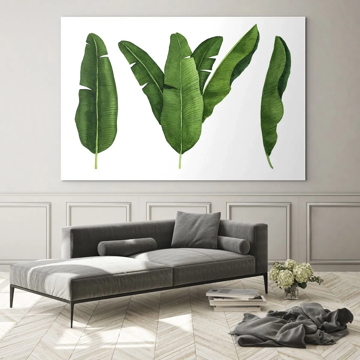 Glastavla - Bild på glas - Fyra gröna bananblad på en vit bakgrund - 70x50cm - Grön symmetri - Modern väggdekoration för vardagsrum och sovrum ARTTOR