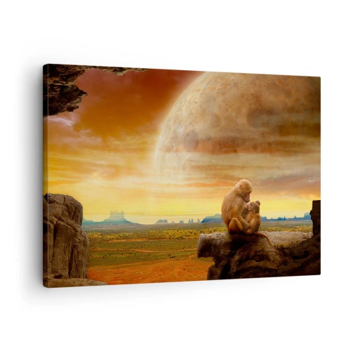 Canvastavla - Bild på duk - Apor som sitter på en sten i ett surrealistiskt landskap med en jätteplanet - 70x50cm - Samma kärlek överallt - Modern väggdekoration för vardagsrum och sovrum ARTTOR
