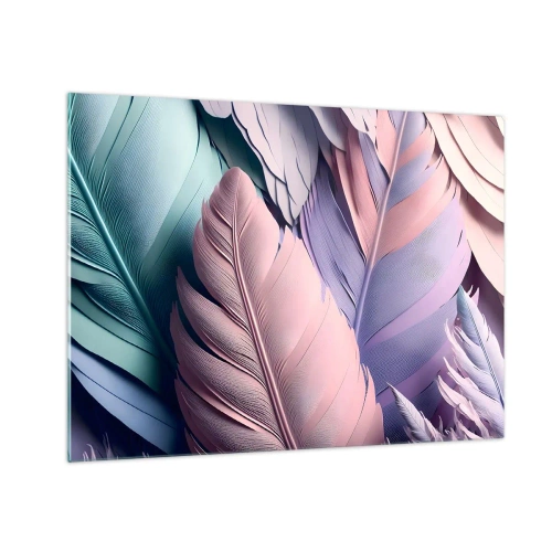 Glastavla - Bild på glas - Pastellfärgade fjädrar i nyanser av rosa, lila och turkos - 70x50cm - Fågelstil - Modern väggdekoration för vardagsrum och sovrum ARTTOR