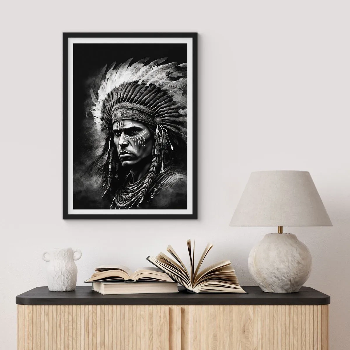Affisch i svart ram - Porträtt av en krigare i traditionell fjäderhuvudbonad - 50x70cm - Hövding och krigare - Modern väggdekoration för vardagsrum och sovrum ARTTOR