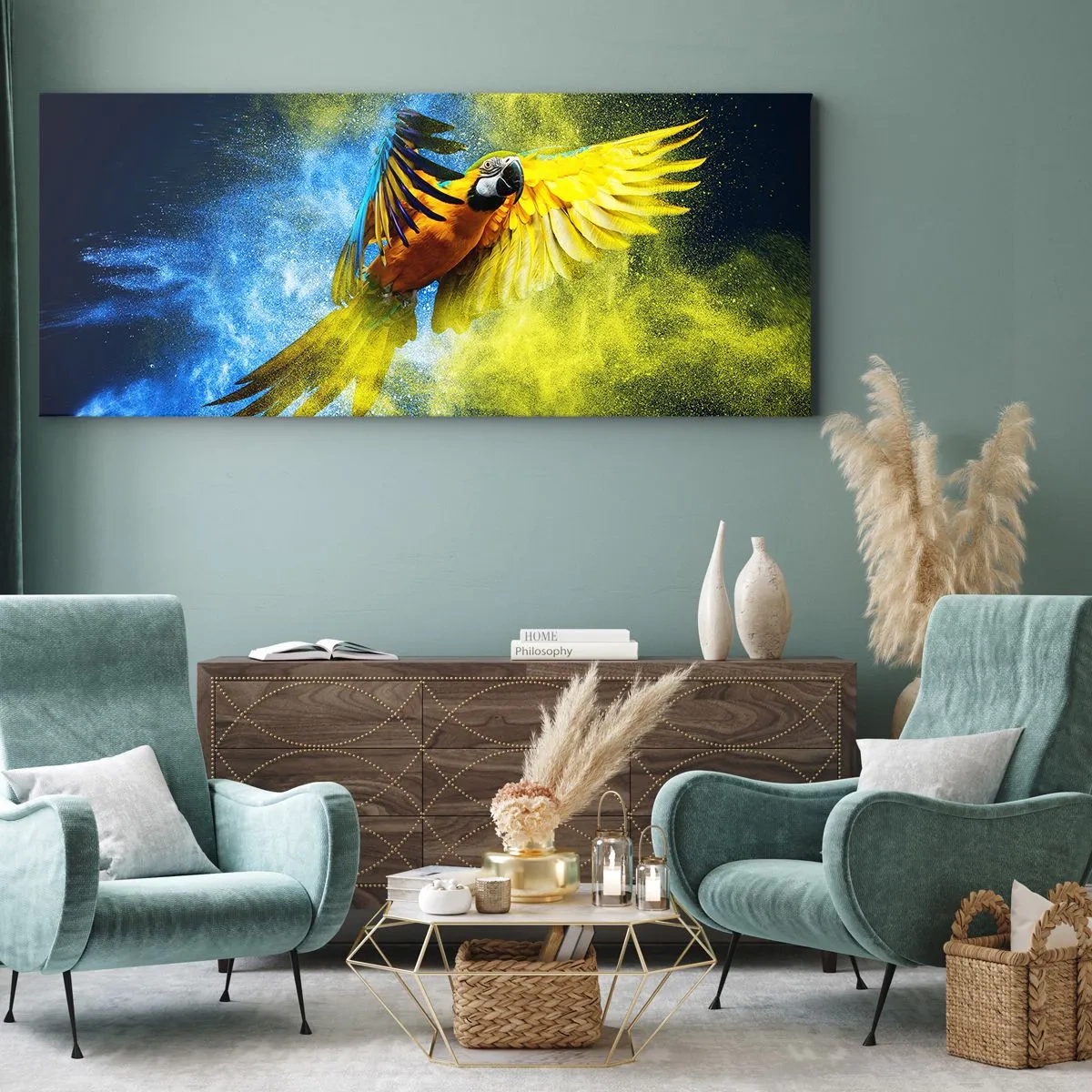 Canvastavla - Bild på duk - I blå-gult damm - 140x50 cm