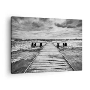 Canvastavla - Bild på duk - En svartvit vy av en träbrygga över ett stormigt hav. - 70x50cm - Jag väntar på vind som blåser bort... - Modern väggdekoration för vardagsrum och sovrum ARTTOR