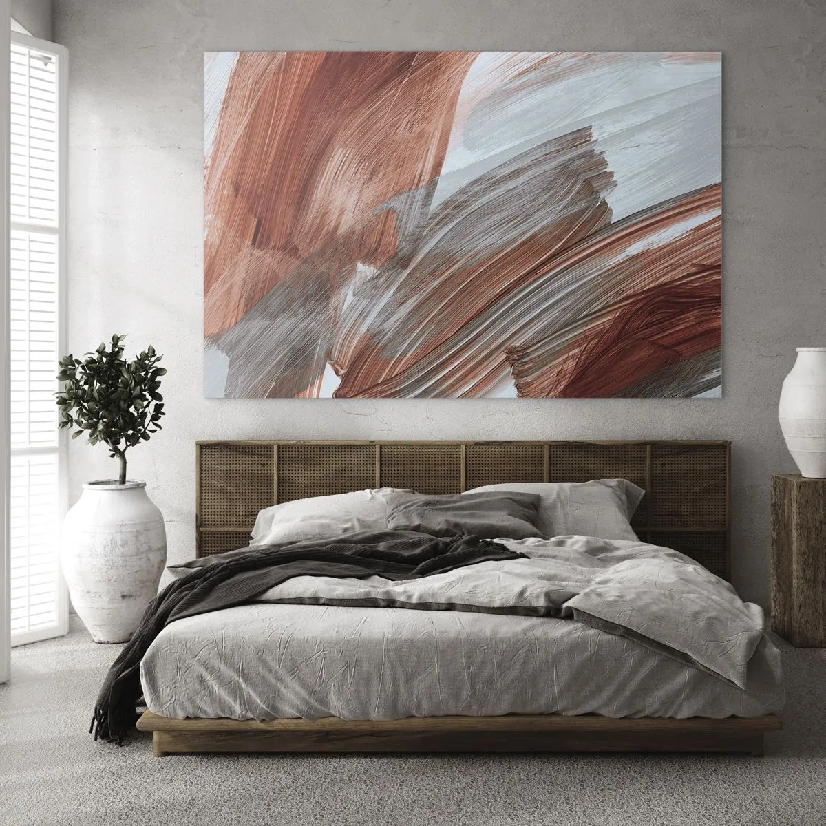 Glastavla - Bild på glas - Dynamiska penseldrag i varma höstfärger och svala blå nyanser. - 70x50cm - Höst- och blåsig abstraktion - Modern väggdekoration för vardagsrum och sovrum ARTTOR