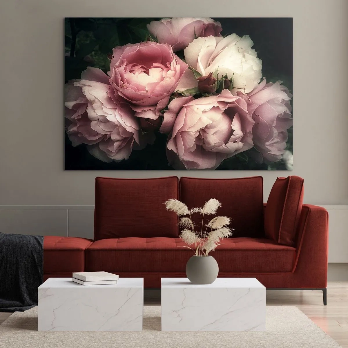 Glastavla - Bild på glas - En bukett rosa rosor i mjukt ljus med en vintage-touch - 70x50cm - Belle epoque charm - Modern väggdekoration för vardagsrum och sovrum ARTTOR