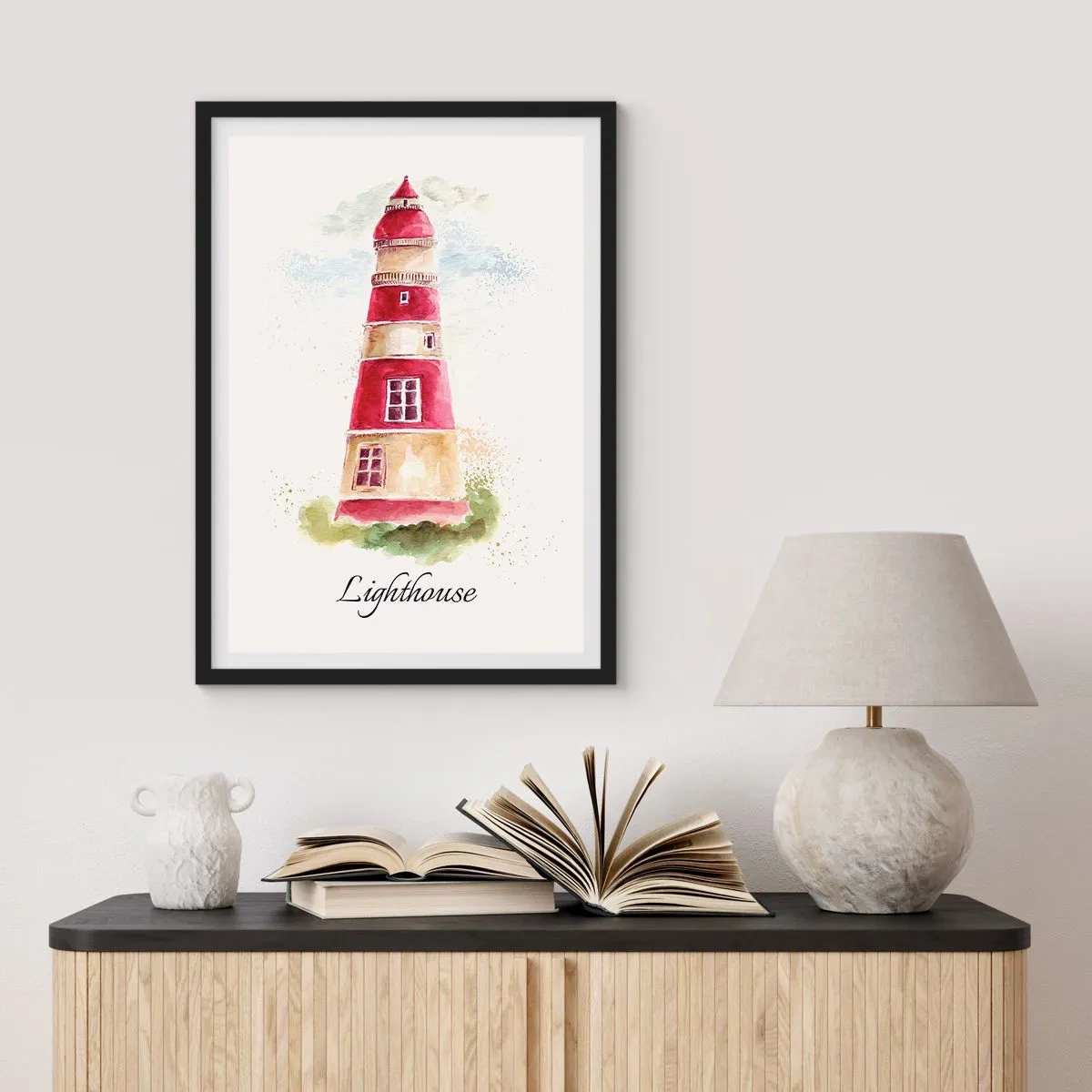 Affisch i svart ram - Akvarell illustration av en fyr på en ljus bakgrund - 50x70cm - Det är alltid något väder - Modern väggdekoration för vardagsrum och sovrum ARTTOR