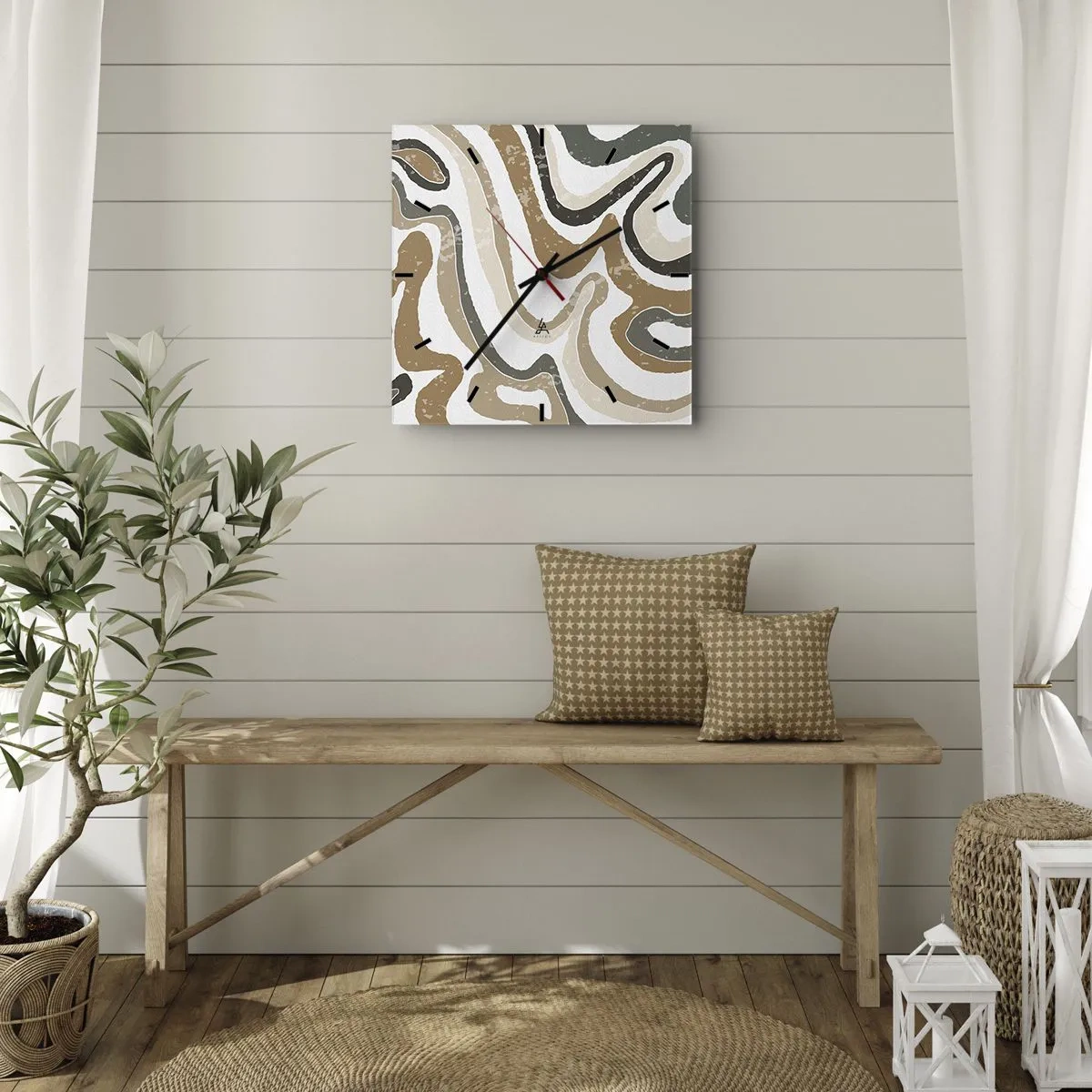 Väggklocka - Klocka på glas - Meandrar av jordnära färger - 40x40 cm