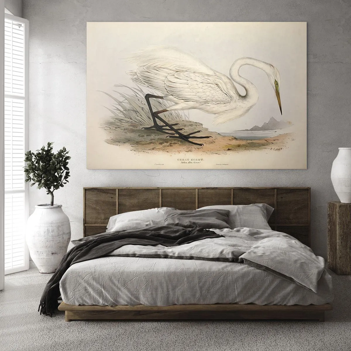 Glastavla - Bild på glas - Vintageillustration av en vit häger vid vattenbrynet - 70x50cm - En dam i vassen - Modern väggdekoration för vardagsrum och sovrum ARTTOR