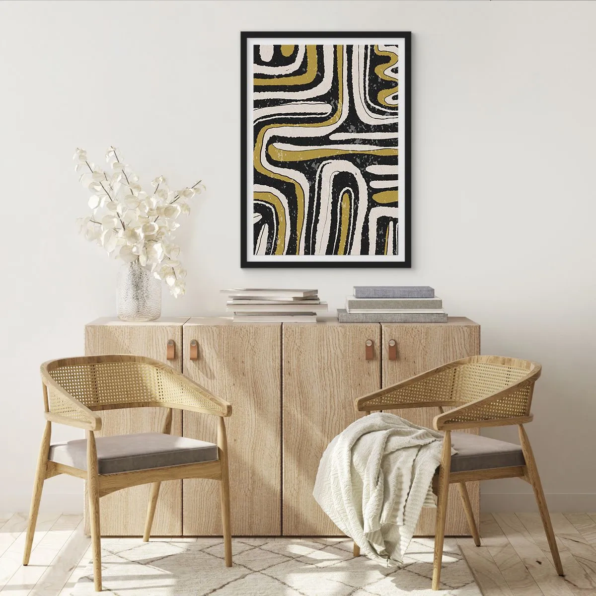 Affisch i svart ram - Geometrisk abstraktion i svart, beige och guld - 50x70cm - Komposition: stråk och gränder - Modern väggdekoration för vardagsrum och sovrum ARTTOR