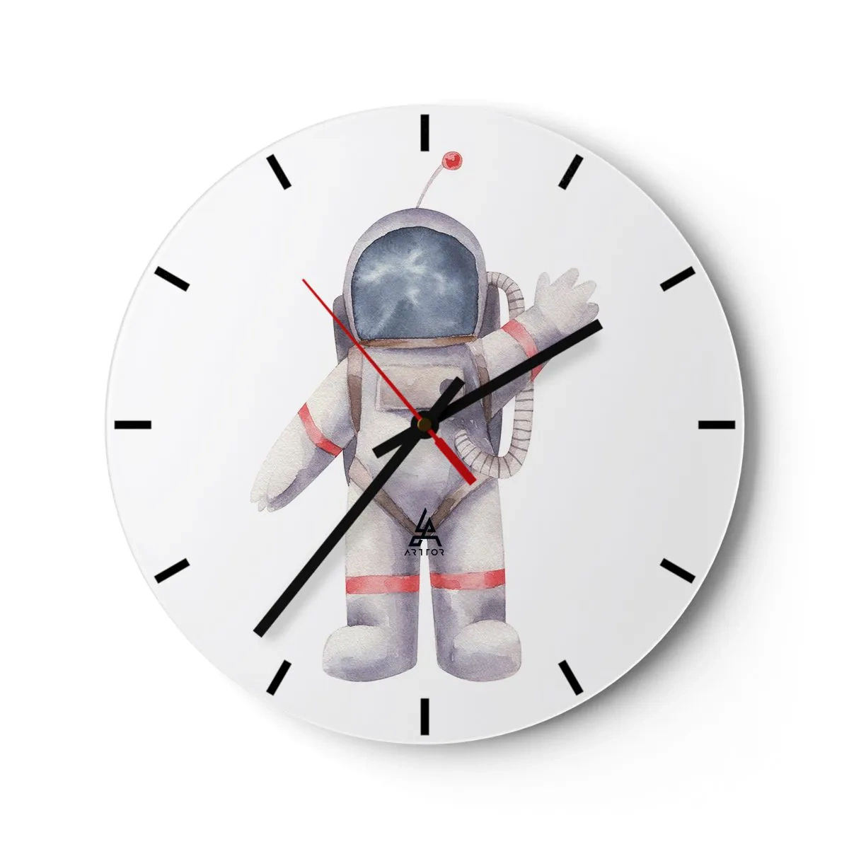 Väggklocka - Klocka på glas - Illustration av en kosmonaut med handen upphöjd mot en vit bakgrund - 30x30cm - Det var allt för nu! - Modern väggdekoration för vardagsrum, kök och sovrum ARTTOR