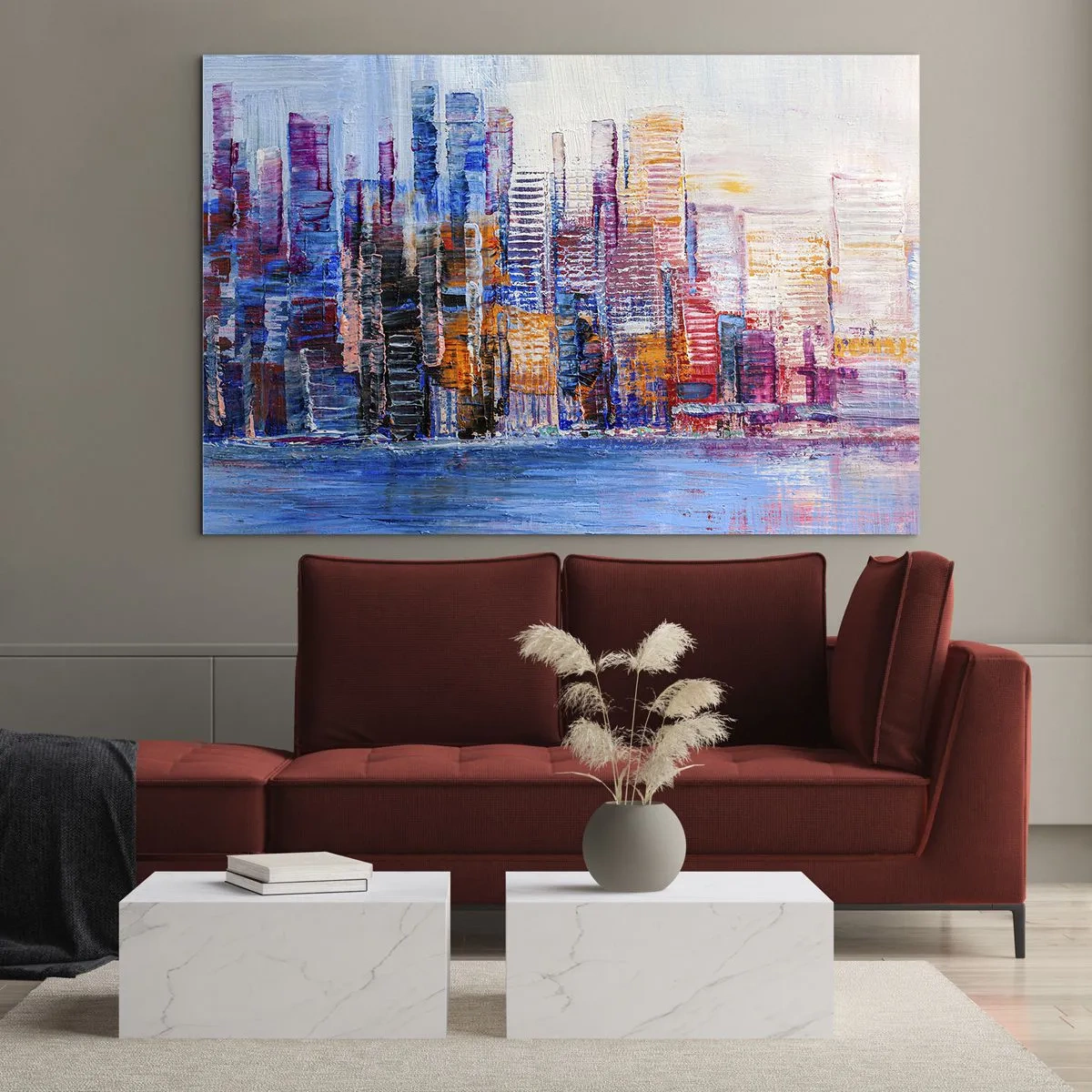 Glastavla - Bild på glas - Ett färgglatt panorama över staden målat med penseldrag - 70x50cm - En glädjefylld metropol - Modern väggdekoration för vardagsrum och sovrum ARTTOR