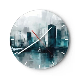 Väggklocka - Klocka på glas - Ett panorama över staden i målerisk stil med svala toner - 30x30cm - Regnfärgad stad - Modern väggdekoration för vardagsrum, kök och sovrum ARTTOR