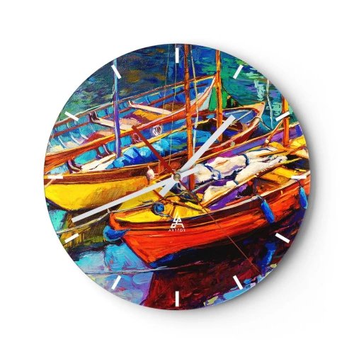 Väggklocka - Klocka på glas - Färgglada båtar i hamnen - 30x30cm - På ett färgtjockt vatten - Modern väggdekoration för vardagsrum, kök och sovrum ARTTOR