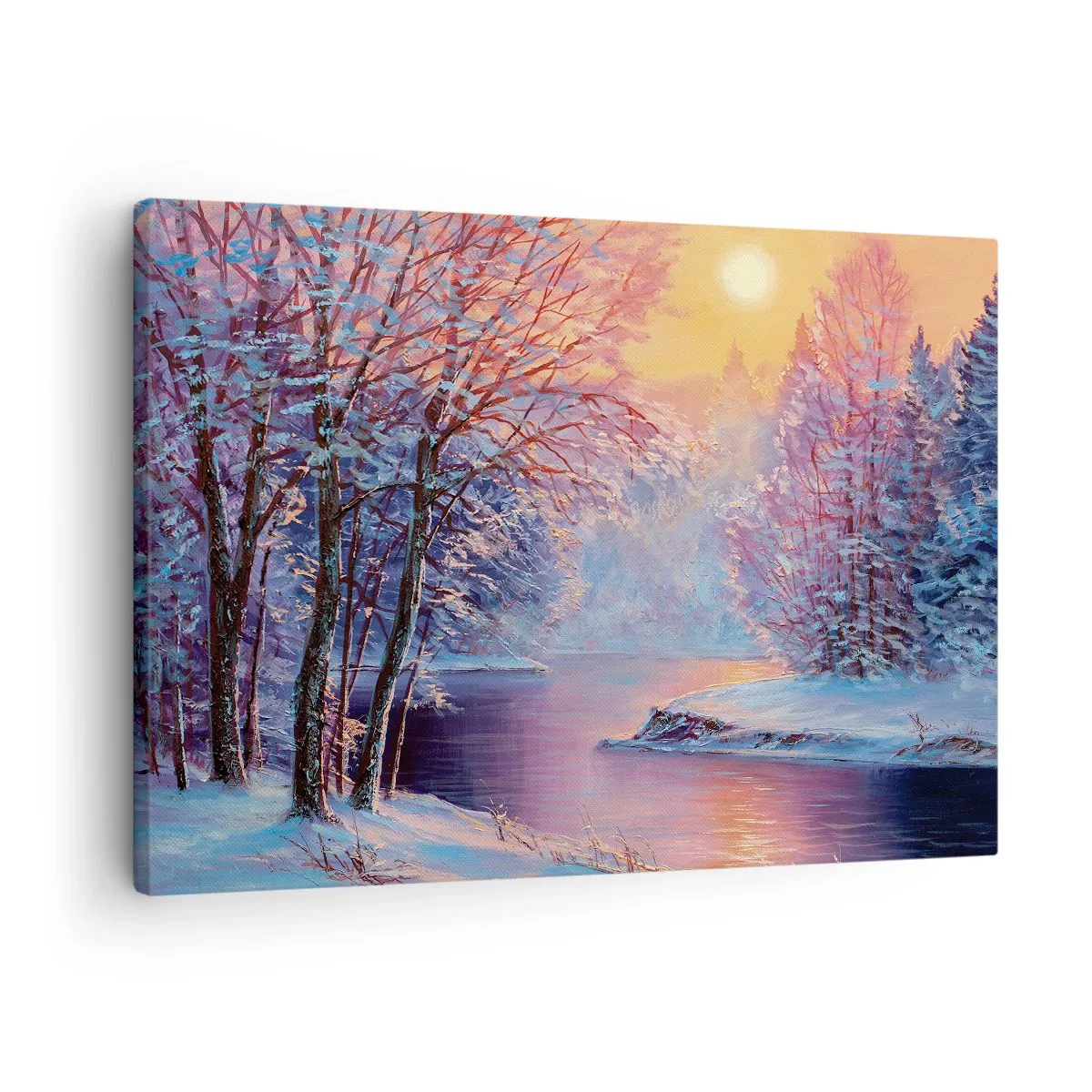 Canvastavla - Bild på duk - Vinterlandskap med flod och träd vid soluppgången - 70x50cm - Vinterns färger - Modern väggdekoration för vardagsrum och sovrum ARTTOR