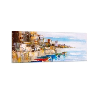 Glastavla - Bild på glas - Flerfärgad urban hamn - 140x50 cm