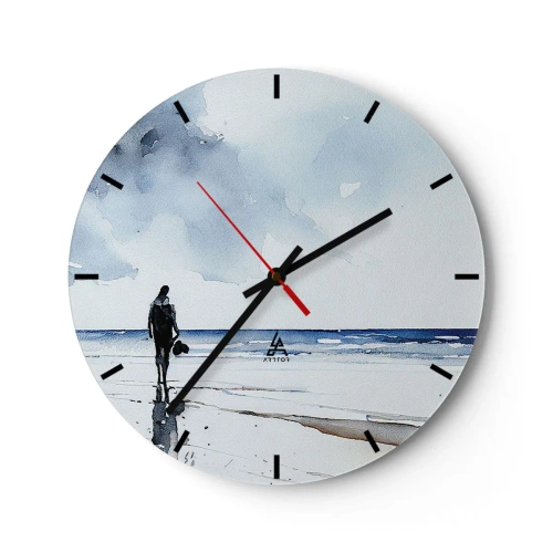 Väggklocka - Klocka på glas - En figur på stranden som tittar ut mot havet - 30x30cm - Samtal med havet - Modern väggdekoration för vardagsrum, kök och sovrum ARTTOR