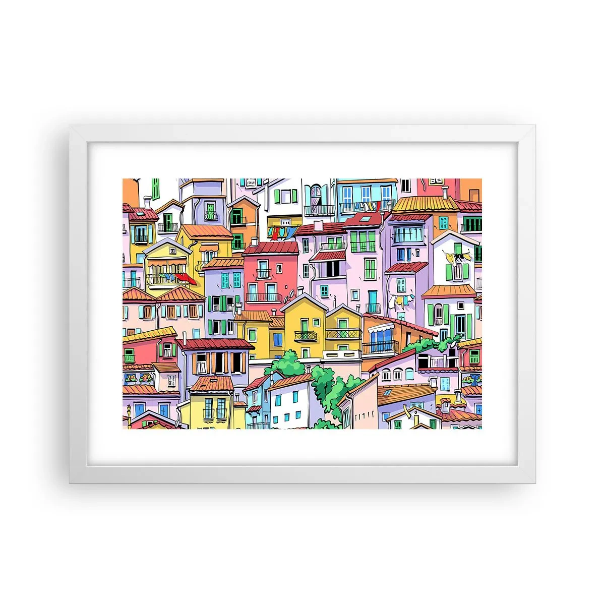 Affisch i vit ram - Gladlynt stad - 40x30 cm