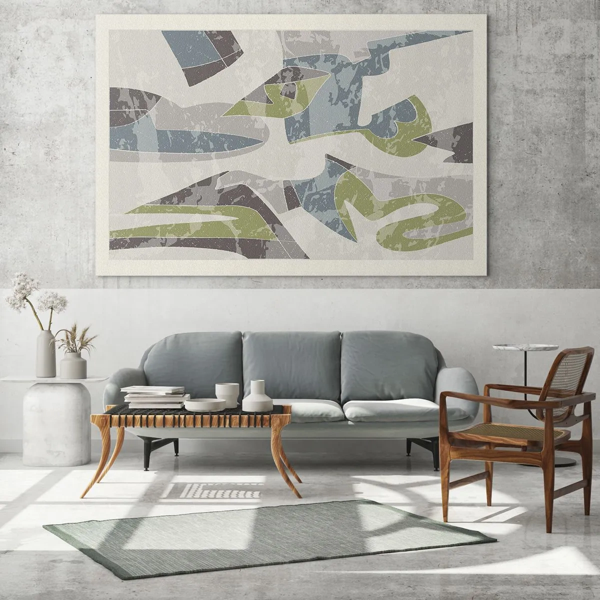 Glastavla - Bild på glas - Geometrisk komposition i grönt och grått - 70x50cm - Komposition bakom glas - Modern väggdekoration för vardagsrum och sovrum ARTTOR