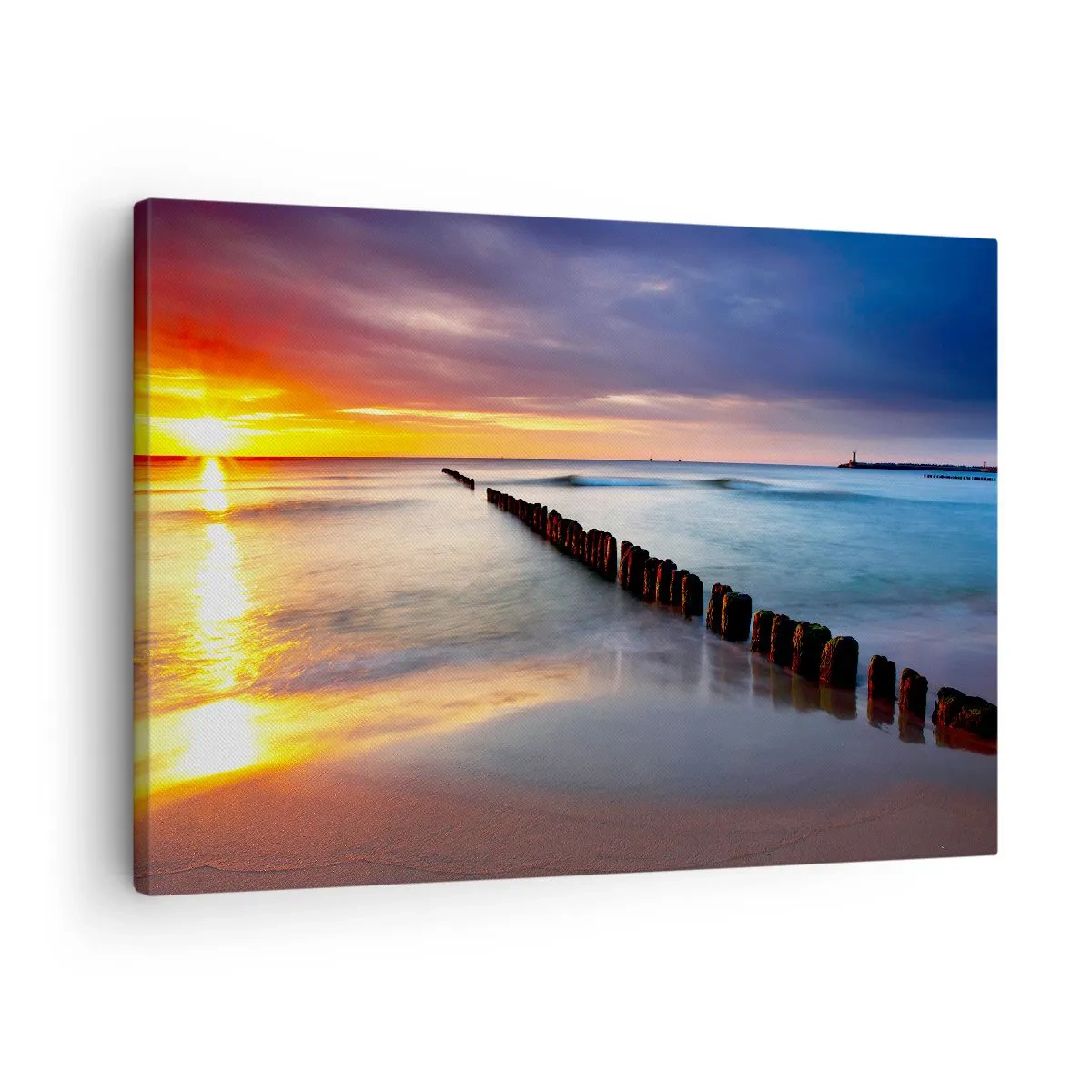 Canvastavla - Bild på duk - Solnedgång över havet med en vågbrytare i förgrunden - 70x50cm - Lyssna på tystnaden - Modern väggdekoration för vardagsrum och sovrum ARTTOR