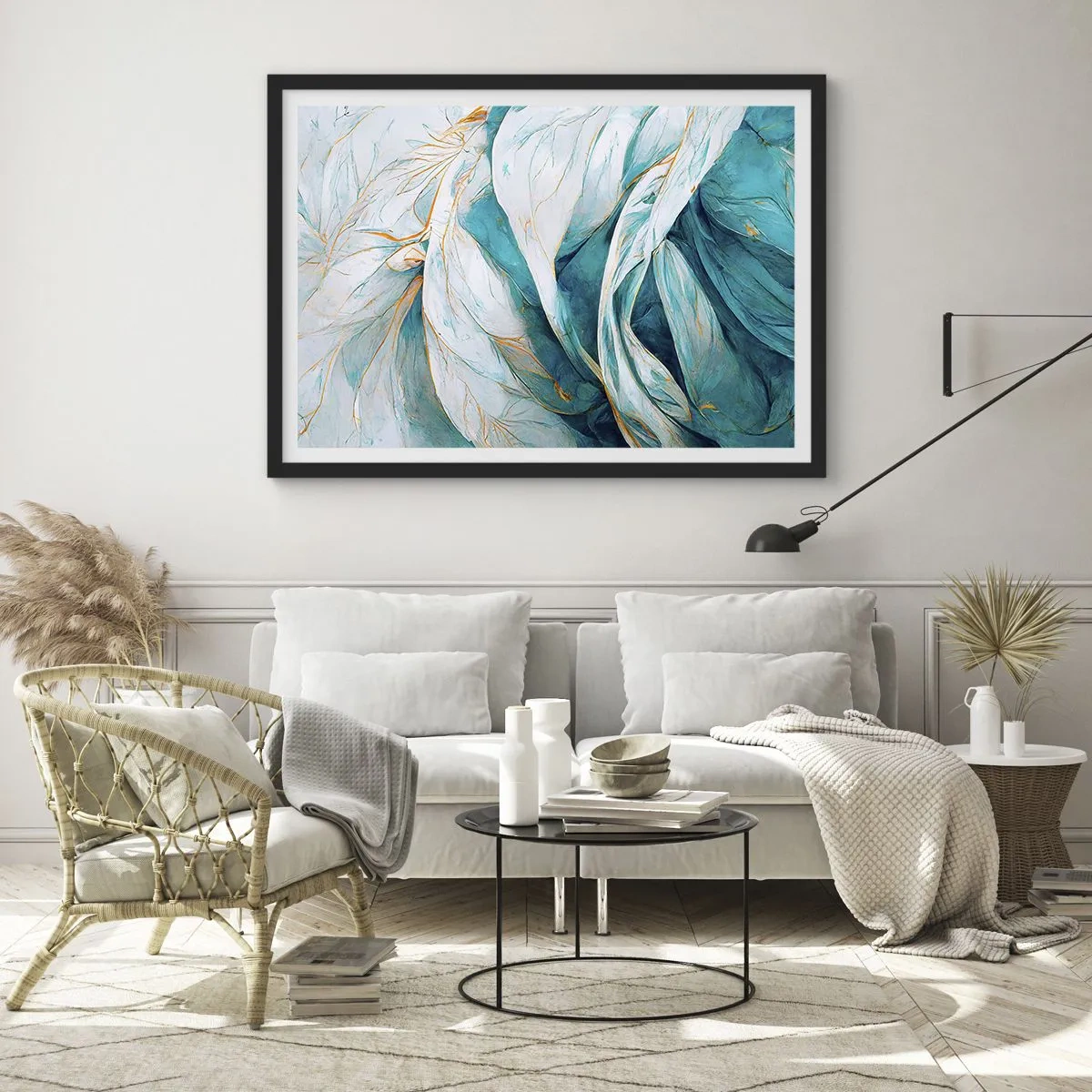 Affisch i svart ram - Blå abstraktion med guldmotiv - 50x40 cm