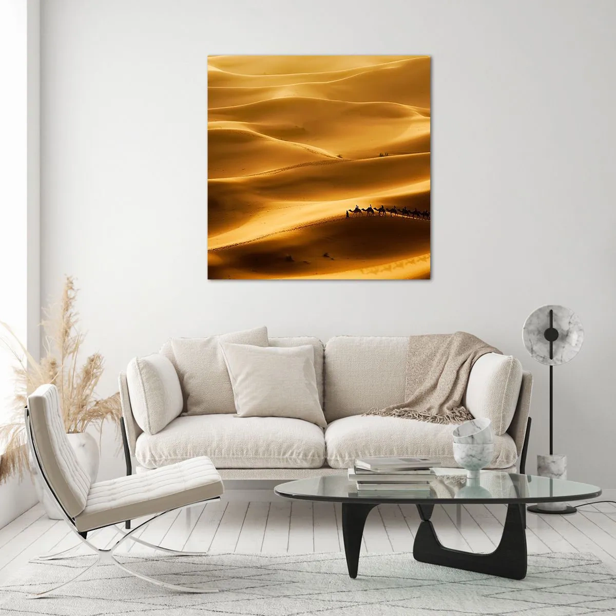 Glastavla - Bild på glas - En karavan på öknens vågor - 50x50 cm