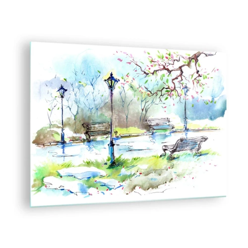 Glastavla - Bild på glas - Akvarellmålning av en parkscen med bänkar och lyktor - 70x50cm - Parktystnadens charm - Modern väggdekoration för vardagsrum och sovrum ARTTOR