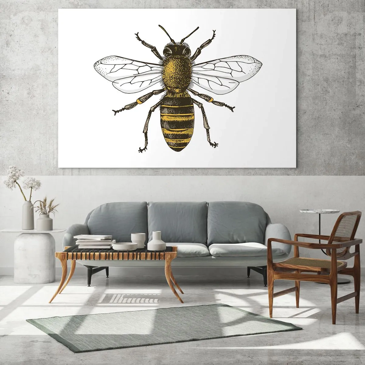 Glastavla - Bild på glas - Detaljerad illustration av ett bi på vit bakgrund - 70x50cm - Vackert och bra - Modern väggdekoration för vardagsrum och sovrum ARTTOR