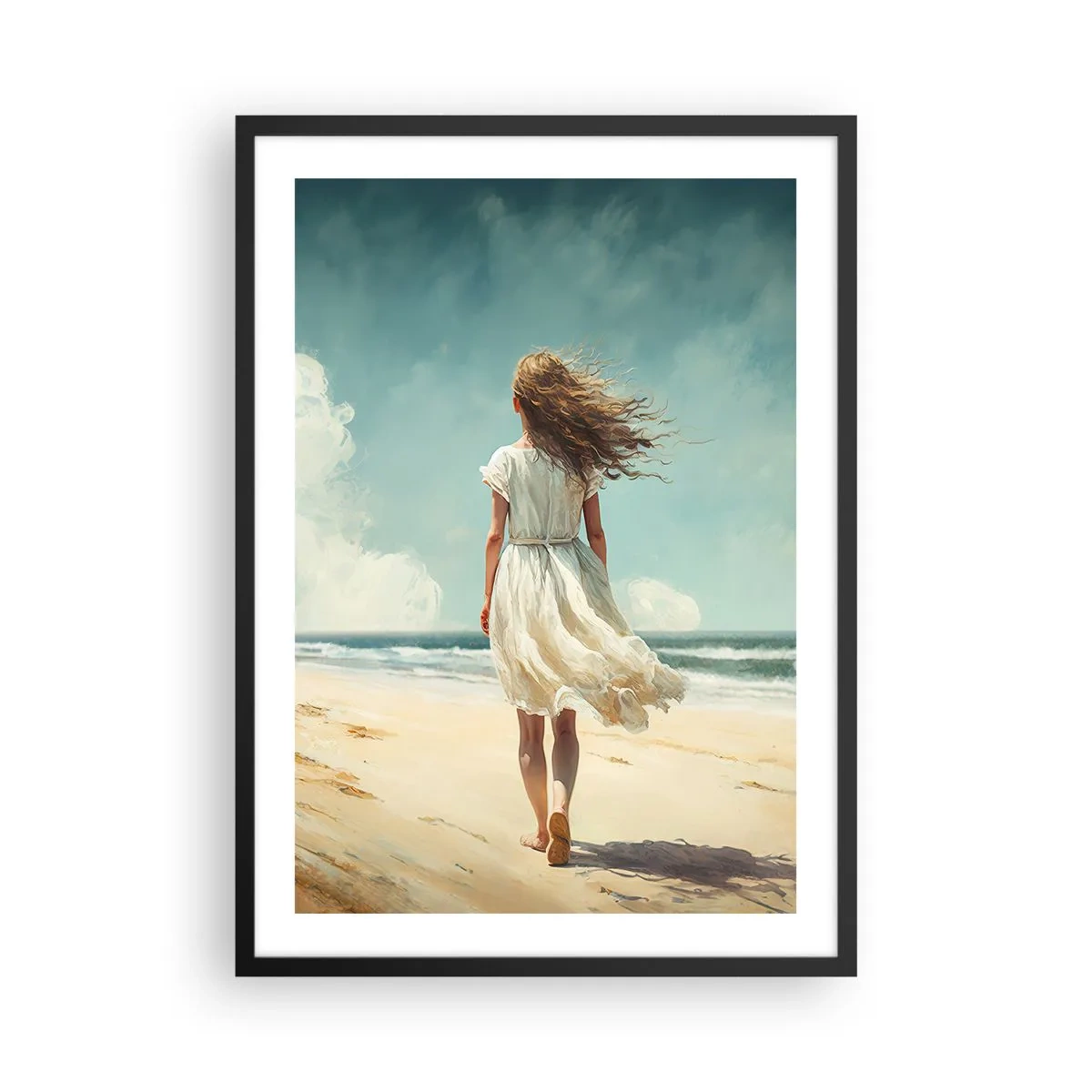 Affisch i svart ram - En kvinna i vit klänning som går på stranden vid havet - 50x70cm - Att möta solen och vinden - Modern väggdekoration för vardagsrum och sovrum ARTTOR
