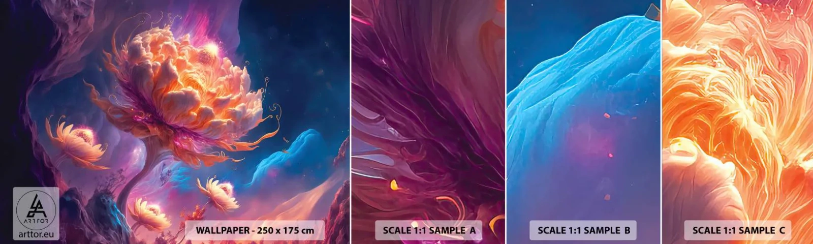 Provbit av självhäftande fototapet Deluxe Sticker - En annan värld - Fantastisk, Landa, Blommor - 100x30 cm