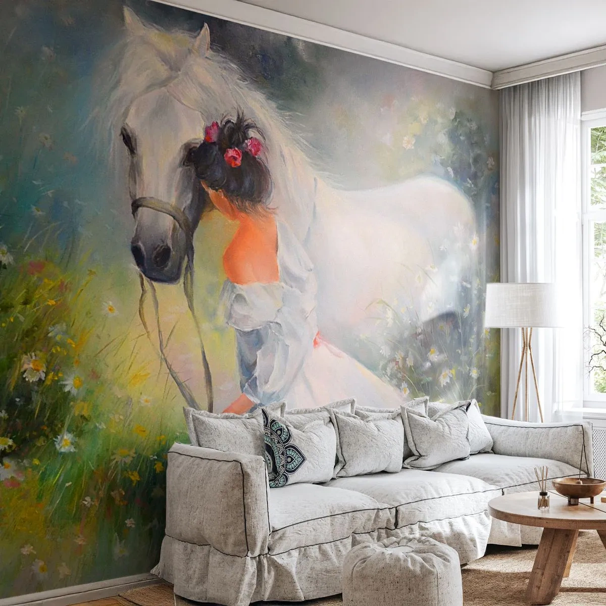 Självhäftande Fototapet Deluxe Sticker - Ur en vacker dröm - Kvinna, Häst, Äng - 250x175 cm