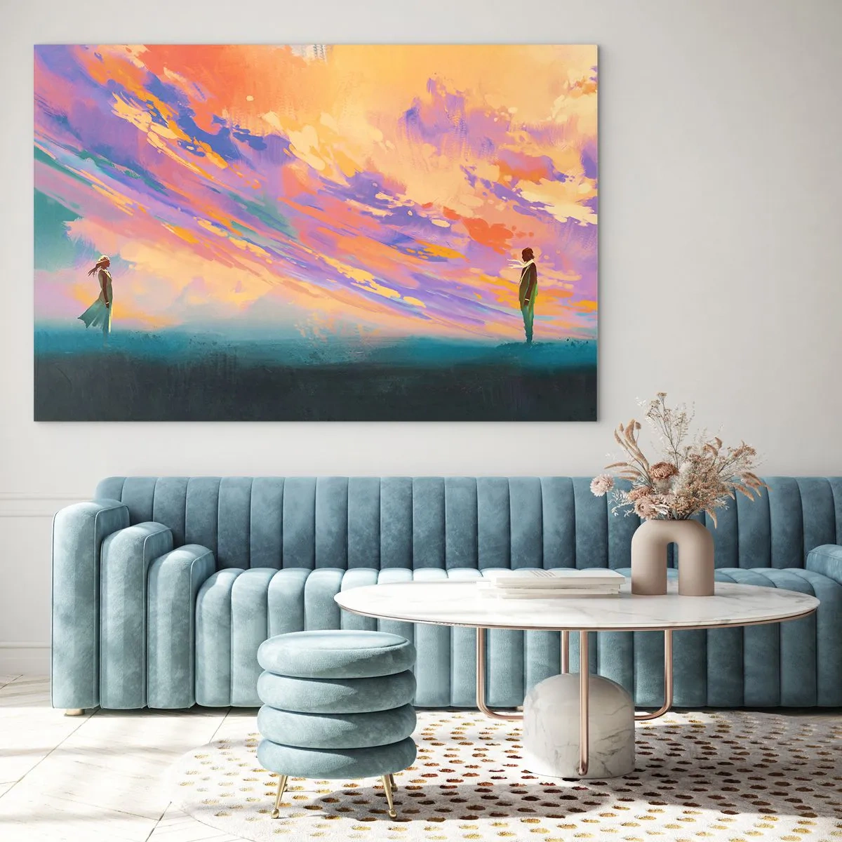 Glastavla - Bild på glas - Två personer mot bakgrund av en färgglad solnedgångshimmel - 70x50cm - Dragkraft - Modern väggdekoration för vardagsrum och sovrum ARTTOR